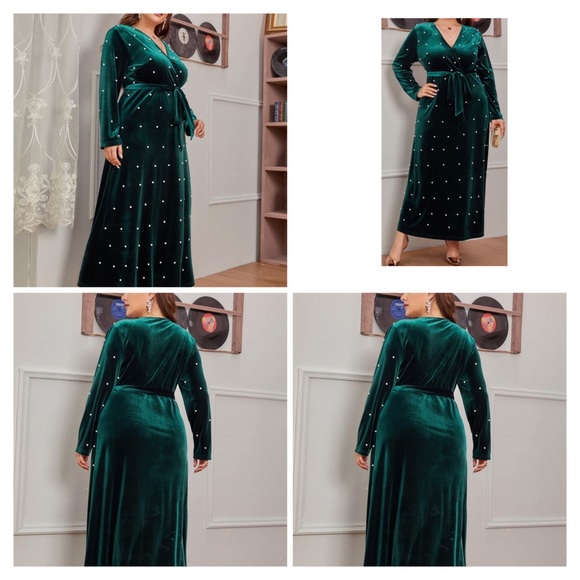 Plus Size Velvet Pearl Front Belted Formal Dress - Picture 15 of 16